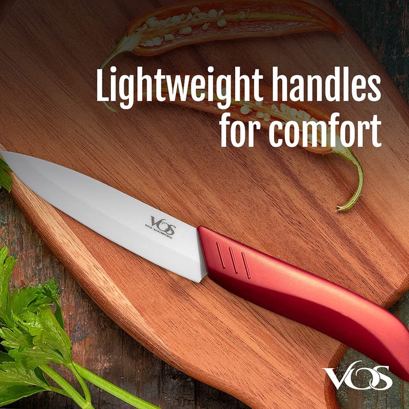Vos Ceramic Knife Set in Elegant Gift Box, Ceramic Knives Set For Kitchen, Ultra Sharp Kitchen Knife Set with Covers, 4" 5" 6" Paring, Santoku & Chef Knife, Lightweight, Dishwasher safe (Red Handle) - Image 3